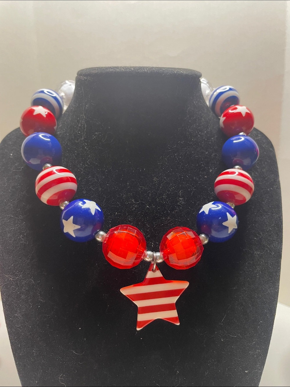 Kids Red White Blue Star Beaded Necklace